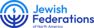 Logo for Jewish Federations of North America, a logo with two tones of blue and an abstract image resembling a menorah